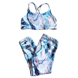 Athleta Girl Upbeat Chit Chat Marbled 2-pc Set Sports Bra & Capri Leggings XL/14